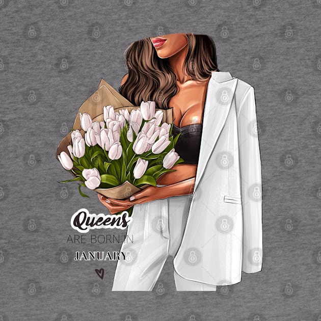 Queens Are Born In January White Outfit White Tulips by AllessyArt 